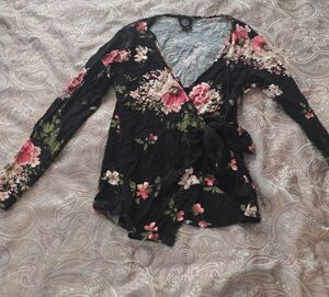 Floral Wrap Top - Black and Pink